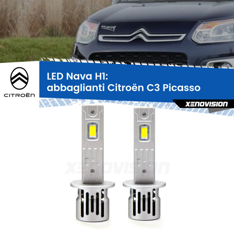 <strong>Abbaglianti LED no-spie per Citroën C3 Picasso</strong>  2009-2016. Coppia lampade <strong> H1</strong> modello Nava canbus, raffreddate a ventola.