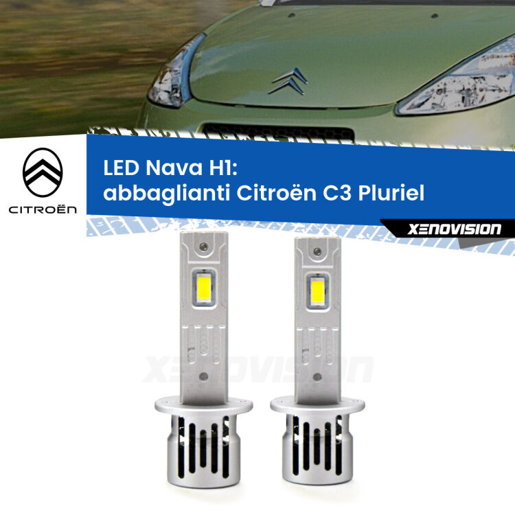 <strong>Abbaglianti LED no-spie per Citroën C3 Pluriel</strong>  2003 -2010. Coppia lampade <strong> H1</strong> modello Nava canbus, raffreddate a ventola.