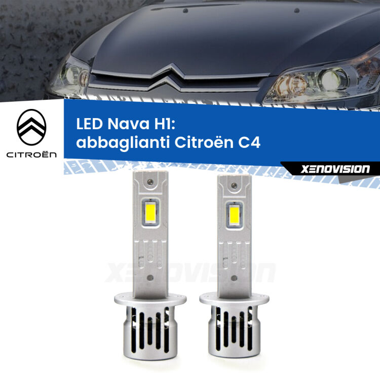 <strong>Abbaglianti LED no-spie per Citroën C4</strong>  2004-2011. Coppia lampade <strong> H1</strong> modello Nava canbus, raffreddate a ventola.