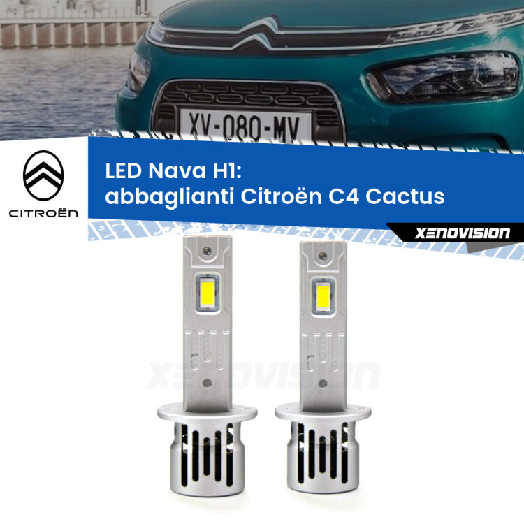 <strong>Abbaglianti LED no-spie per Citroën C4 Cactus</strong>  2014 in poi. Coppia lampade <strong> H1</strong> modello Nava canbus, raffreddate a ventola.