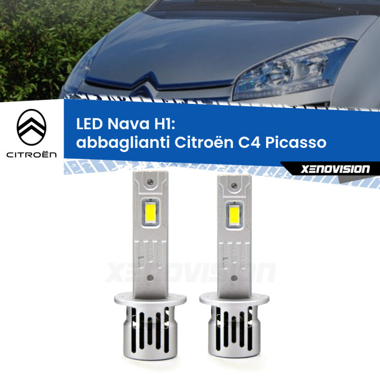 <strong>Abbaglianti LED no-spie per Citroën C4 Picasso</strong>  2006-2013. Coppia lampade <strong> H1</strong> modello Nava canbus, raffreddate a ventola.