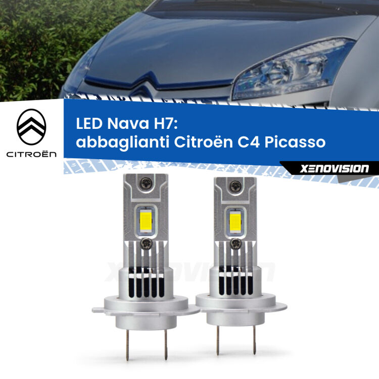 <strong>Abbaglianti LED no-spie per Citroën C4 Picasso</strong>  con fari Bi-Xenon. Coppia lampade <strong>H7</strong> modello Nava canbus, raffreddate a ventola.