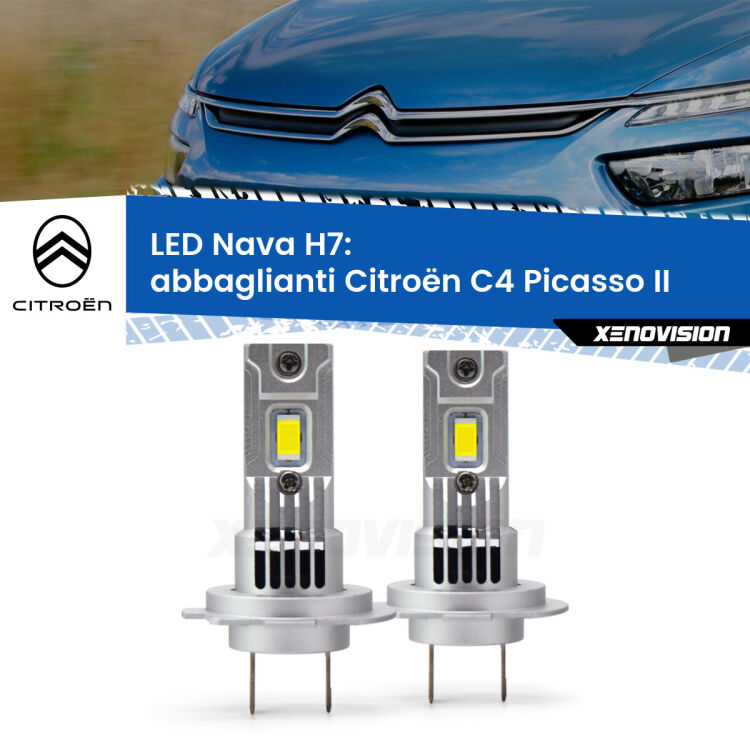 <strong>Abbaglianti LED no-spie per Citroën C4 Picasso</strong> II 2013 in poi. Coppia lampade <strong>H7</strong> modello Nava canbus, raffreddate a ventola.