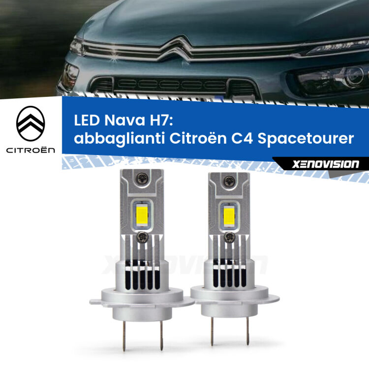 <strong>Abbaglianti LED no-spie per Citroën C4 Spacetourer</strong>  2018 in poi. Coppia lampade <strong>H7</strong> modello Nava canbus, raffreddate a ventola.