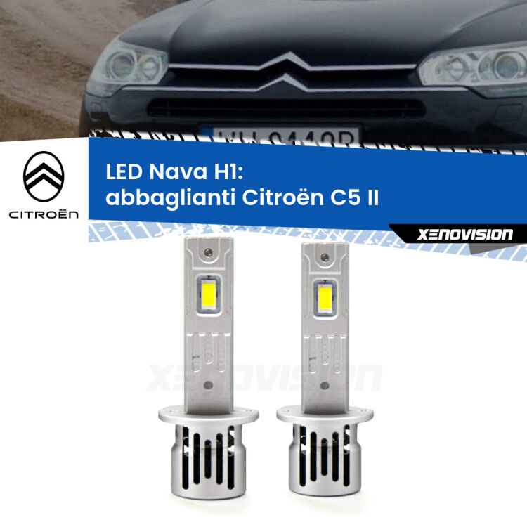 <strong>Abbaglianti LED no-spie per Citroën C5</strong> II 2008-2014. Coppia lampade <strong> H1</strong> modello Nava canbus, raffreddate a ventola.