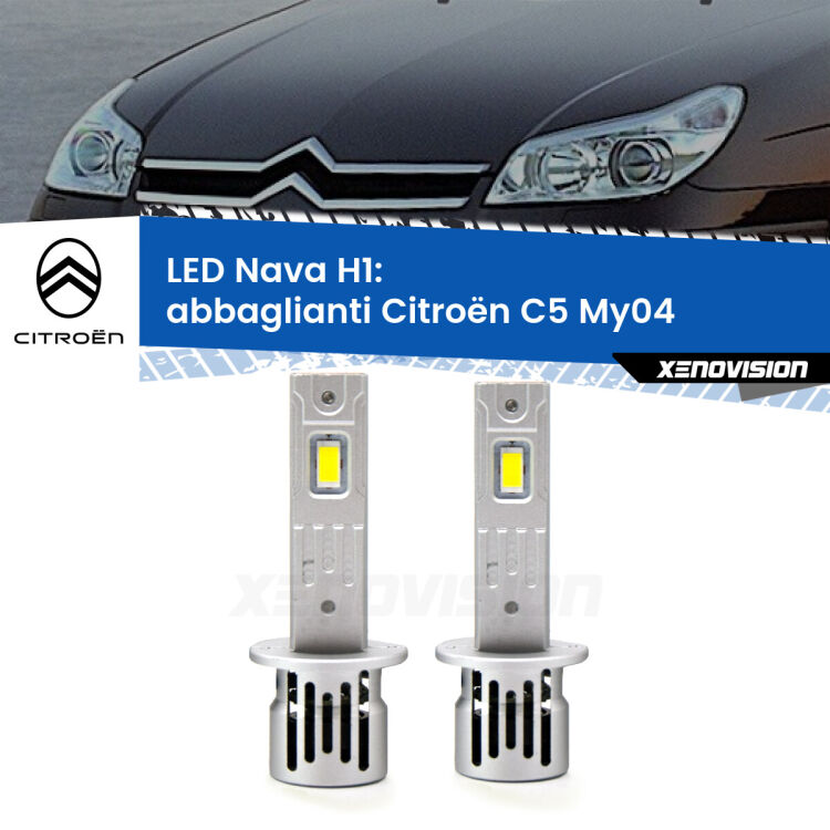 <strong>Abbaglianti LED no-spie per Citroën C5</strong> My04 2004-2008. Coppia lampade <strong> H1</strong> modello Nava canbus, raffreddate a ventola.