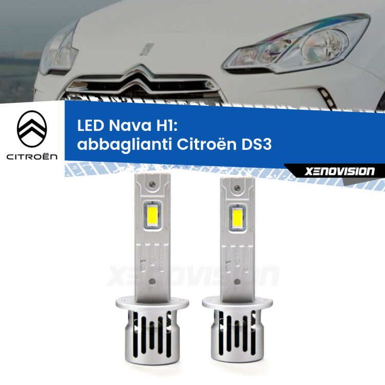 <strong>Abbaglianti LED no-spie per Citroën DS3</strong>  2009 -2015. Coppia lampade <strong> H1</strong> modello Nava canbus, raffreddate a ventola.