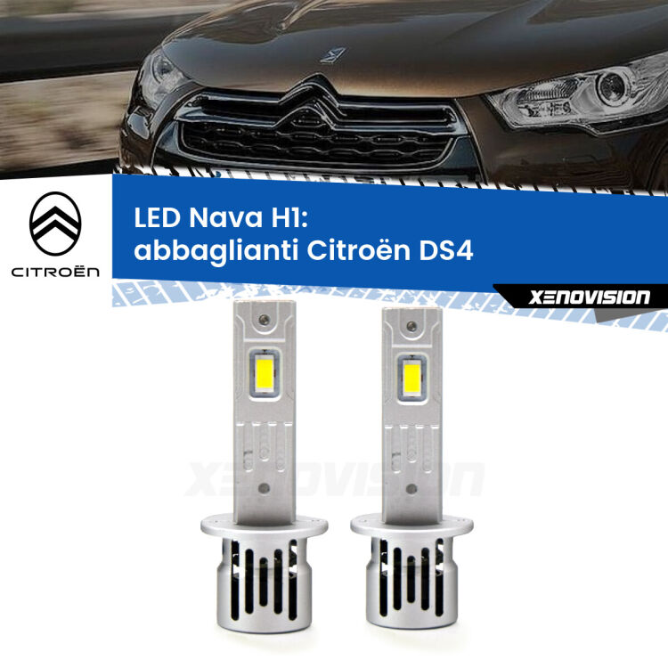 <strong>Abbaglianti LED no-spie per Citroën DS4</strong>  2011-2015. Coppia lampade <strong> H1</strong> modello Nava canbus, raffreddate a ventola.