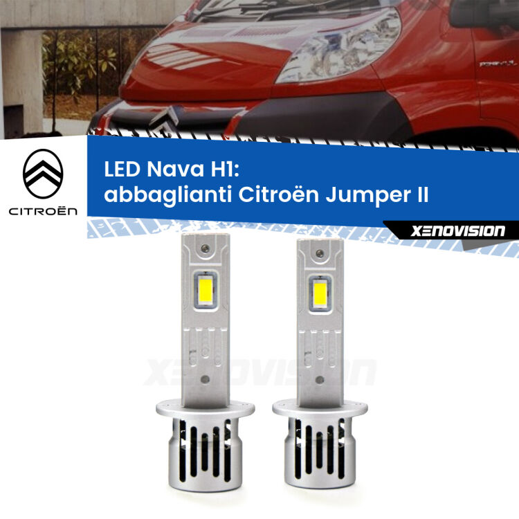 <strong>Abbaglianti LED no-spie per Citroën Jumper</strong> II 2002 in poi. Coppia lampade <strong> H1</strong> modello Nava canbus, raffreddate a ventola.