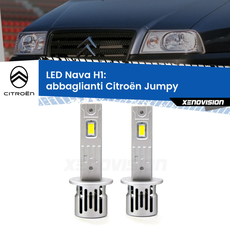 <strong>Abbaglianti LED no-spie per Citroën Jumpy</strong>  1994-2005. Coppia lampade <strong> H1</strong> modello Nava canbus, raffreddate a ventola.