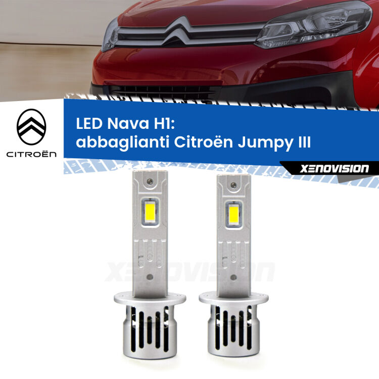 <strong>Abbaglianti LED no-spie per Citroën Jumpy</strong> III 2016 in poi. Coppia lampade <strong> H1</strong> modello Nava canbus, raffreddate a ventola.