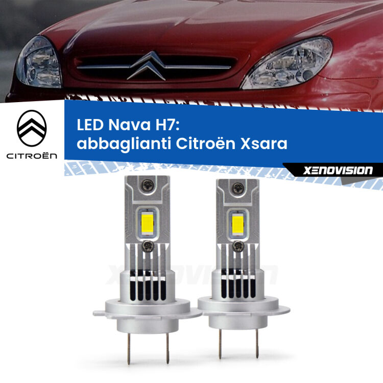 <strong>Abbaglianti LED no-spie per Citroën Xsara</strong>  a parabola doppia. Coppia lampade <strong>H7</strong> modello Nava canbus, raffreddate a ventola.