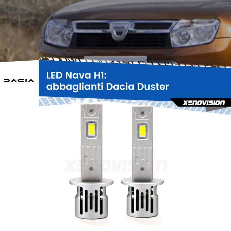 <strong>Abbaglianti LED no-spie per Dacia Duster</strong>  2010 -2016. Coppia lampade <strong> H1</strong> modello Nava canbus, raffreddate a ventola.