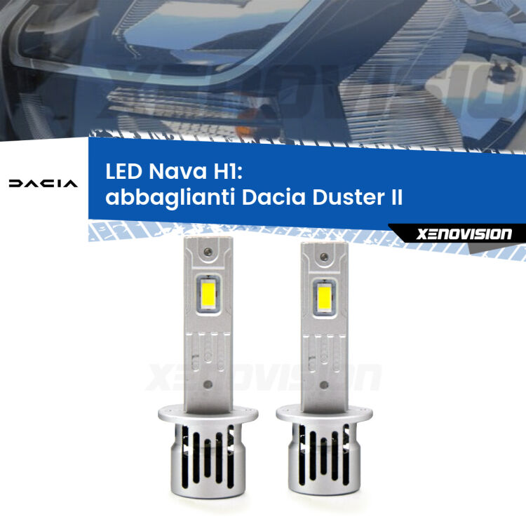 <strong>Abbaglianti LED no-spie per Dacia Duster</strong> II prima serie. Coppia lampade <strong> H1</strong> modello Nava canbus, raffreddate a ventola.