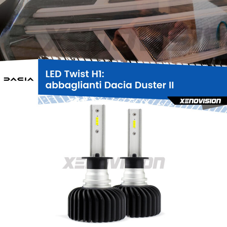 <strong>Kit abbaglianti LED</strong> H1 per <strong>Dacia Duster</strong> II restyling. Compatte, impermeabili, senza ventola: praticamente indistruttibili. Top Quality.