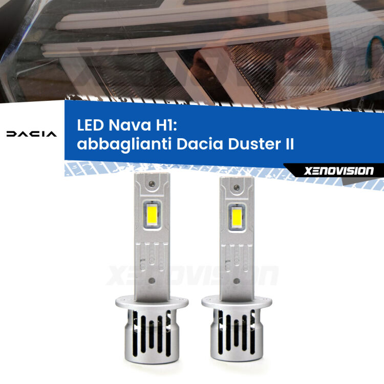 <strong>Abbaglianti LED no-spie per Dacia Duster</strong> II restyling. Coppia lampade <strong> H1</strong> modello Nava canbus, raffreddate a ventola.