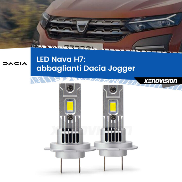 <strong>Abbaglianti LED no-spie per Dacia Jogger</strong>  con fari led. Coppia lampade <strong>H7</strong> modello Nava canbus, raffreddate a ventola.