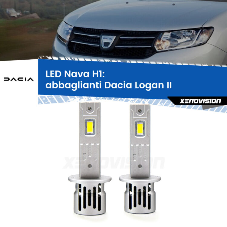 <strong>Abbaglianti LED no-spie per Dacia Logan</strong> II a parabola doppia. Coppia lampade <strong> H1</strong> modello Nava canbus, raffreddate a ventola.