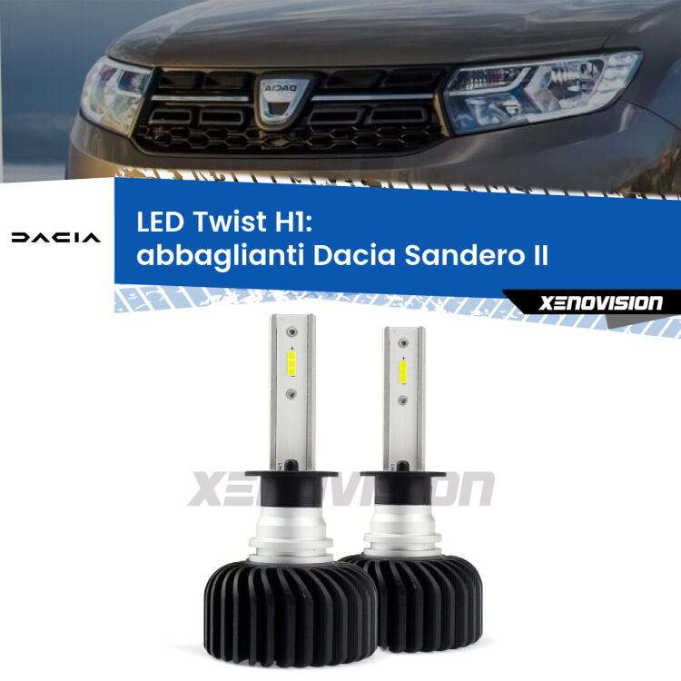 <strong>Kit abbaglianti LED</strong> H1 per <strong>Dacia Sandero II</strong>  a parabola doppia. Compatte, impermeabili, senza ventola: praticamente indistruttibili. Top Quality.