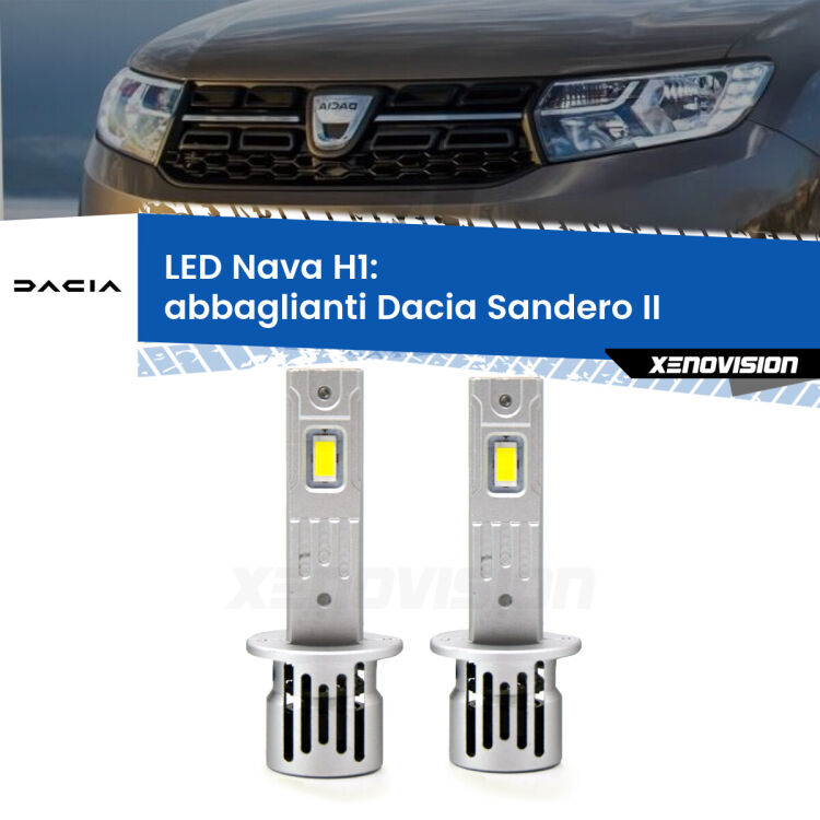 <strong>Abbaglianti LED no-spie per Dacia Sandero II</strong>  a parabola doppia. Coppia lampade <strong> H1</strong> modello Nava canbus, raffreddate a ventola.