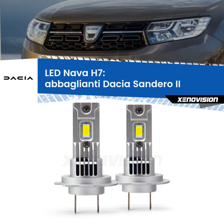 <strong>Abbaglianti LED no-spie per Dacia Sandero II</strong>  Stepway. Coppia lampade <strong>H7</strong> modello Nava canbus, raffreddate a ventola.