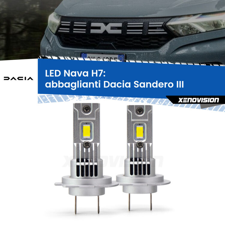 <strong>Abbaglianti LED no-spie per Dacia Sandero III</strong>  2020in poi. Coppia lampade <strong>H7</strong> modello Nava canbus, raffreddate a ventola.