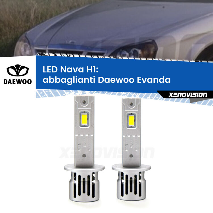 <strong>Abbaglianti LED no-spie per Daewoo Evanda</strong>  2002 -2005. Coppia lampade <strong> H1</strong> modello Nava canbus, raffreddate a ventola.