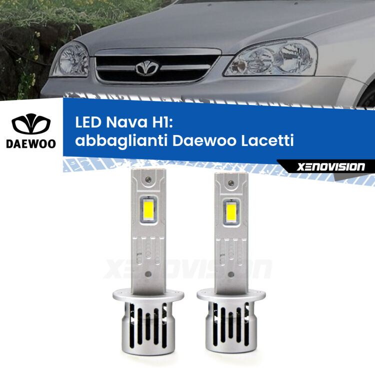 <strong>Abbaglianti LED no-spie per Daewoo Lacetti</strong>  2004 -2005. Coppia lampade <strong> H1</strong> modello Nava canbus, raffreddate a ventola.