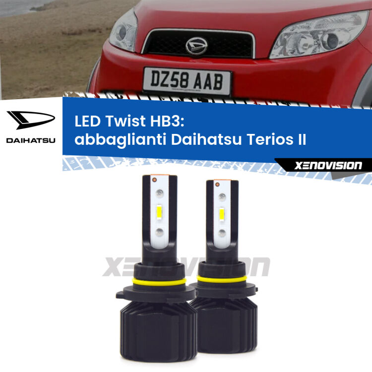 <strong>Kit abbaglianti LED</strong> HB3 per <strong>Daihatsu Terios</strong> II a parabola doppia. Compatte, impermeabili, senza ventola: praticamente indistruttibili. Top Quality.