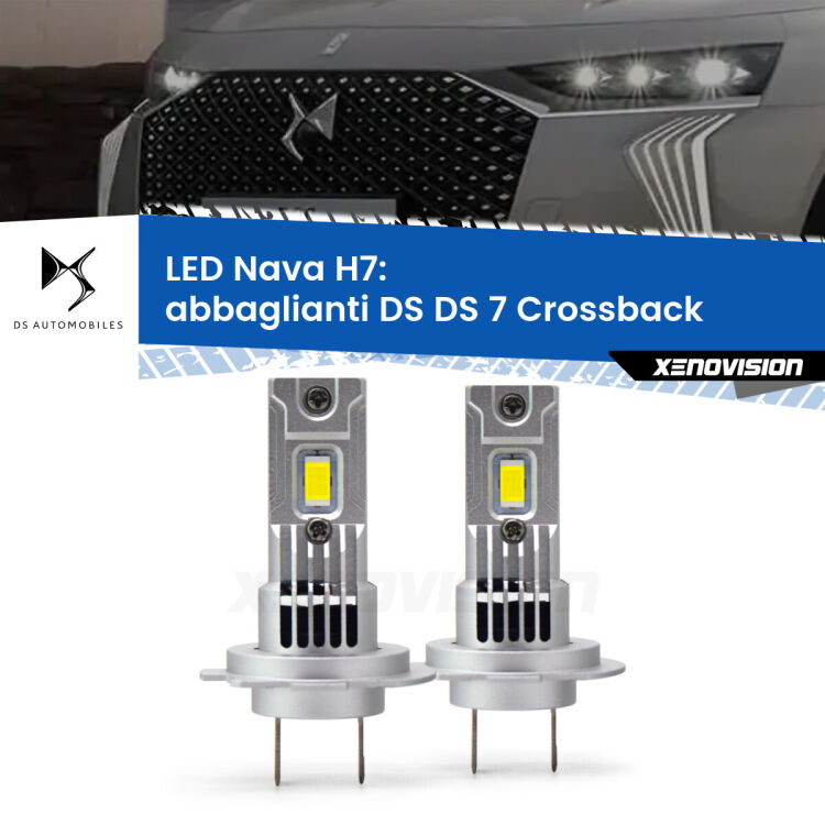 <strong>Abbaglianti LED no-spie per DS DS 7 Crossback</strong>  2022 in poi. Coppia lampade <strong>H7</strong> modello Nava canbus, raffreddate a ventola.