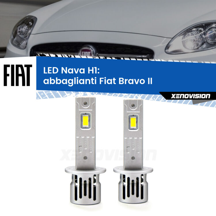 <strong>Abbaglianti LED no-spie per Fiat Bravo II</strong>  2006 -2014. Coppia lampade <strong> H1</strong> modello Nava canbus, raffreddate a ventola.