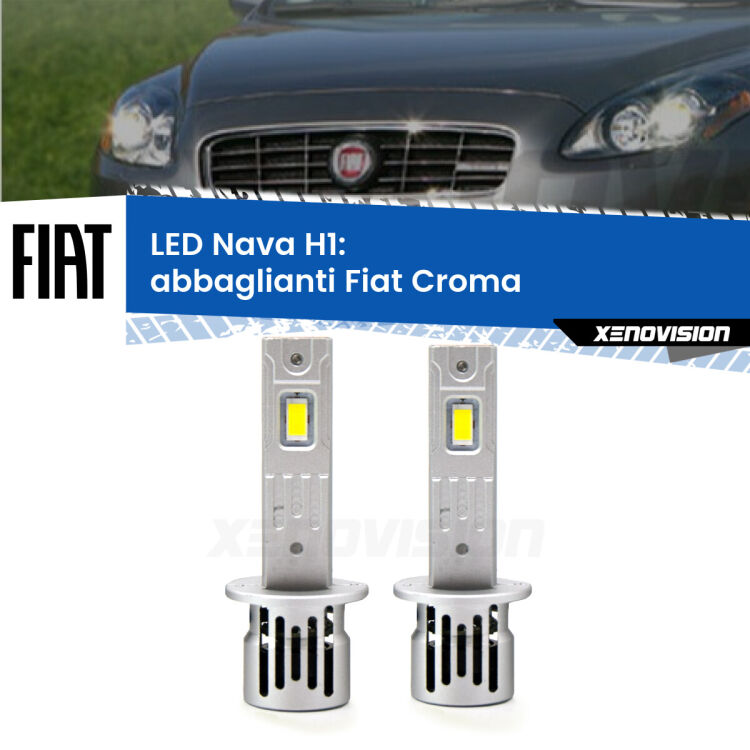 <strong>Abbaglianti LED no-spie per Fiat Croma</strong>  2005 -2010. Coppia lampade <strong> H1</strong> modello Nava canbus, raffreddate a ventola.