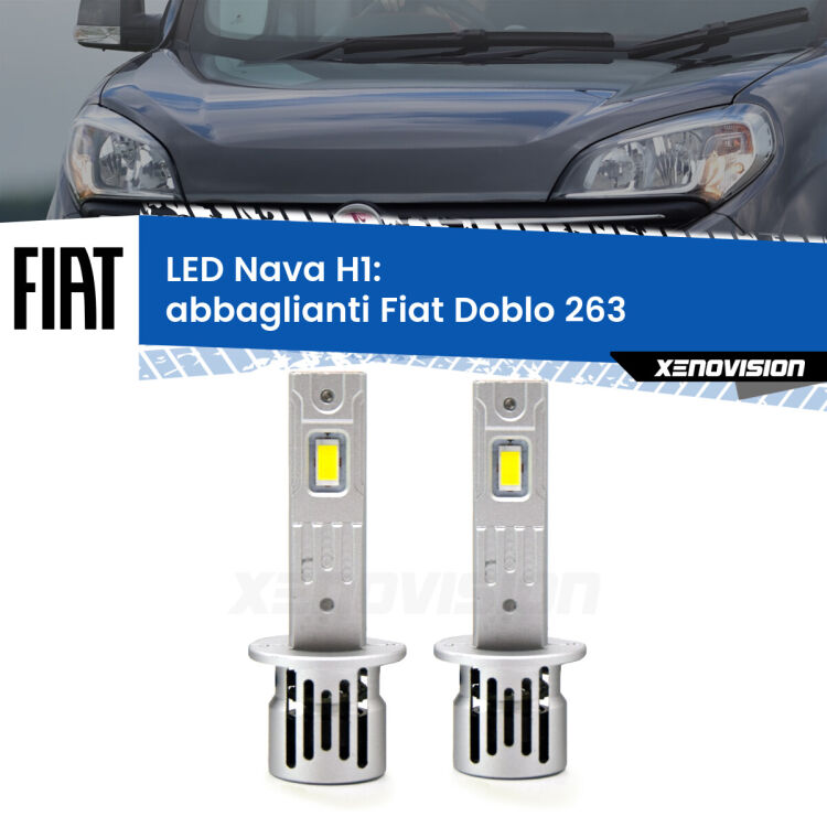 <strong>Abbaglianti LED no-spie per Fiat Doblo</strong> 263 2010 -2014. Coppia lampade <strong> H1</strong> modello Nava canbus, raffreddate a ventola.