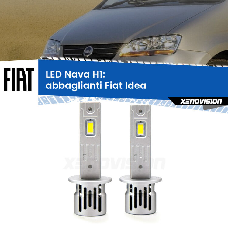 <strong>Abbaglianti LED no-spie per Fiat Idea</strong>  2003 -2015. Coppia lampade <strong> H1</strong> modello Nava canbus, raffreddate a ventola.