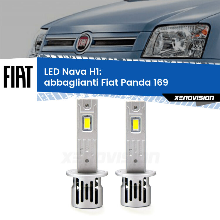 <strong>Abbaglianti LED no-spie per Fiat Panda</strong> 169 2003 -2012. Coppia lampade <strong> H1</strong> modello Nava canbus, raffreddate a ventola.