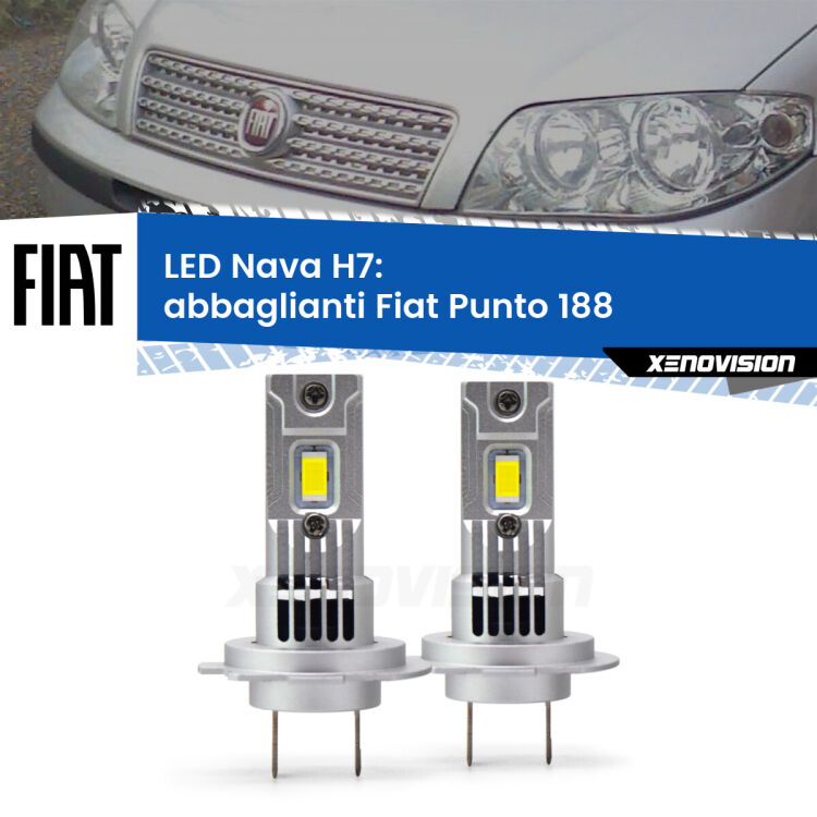 <strong>Abbaglianti LED no-spie per Fiat Punto</strong> 188 1999 -2003. Coppia lampade <strong>H7</strong> modello Nava canbus, raffreddate a ventola.