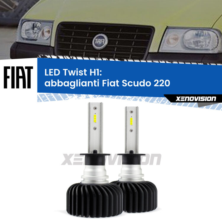 <strong>Kit abbaglianti LED</strong> H1 per <strong>Fiat Scudo</strong> 220 a parabola doppia. Compatte, impermeabili, senza ventola: praticamente indistruttibili. Top Quality.