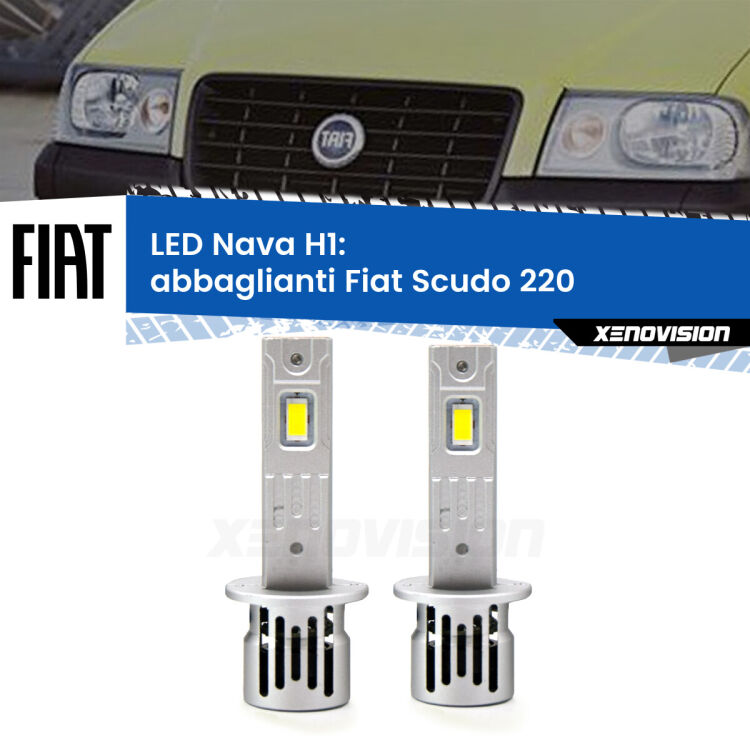 <strong>Abbaglianti LED no-spie per Fiat Scudo</strong> 220 a parabola doppia. Coppia lampade <strong> H1</strong> modello Nava canbus, raffreddate a ventola.