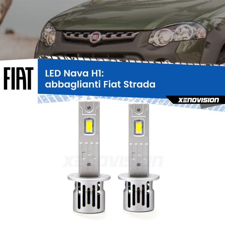 <strong>Abbaglianti LED no-spie per Fiat Strada</strong>  a parabola doppia. Coppia lampade <strong> H1</strong> modello Nava canbus, raffreddate a ventola.