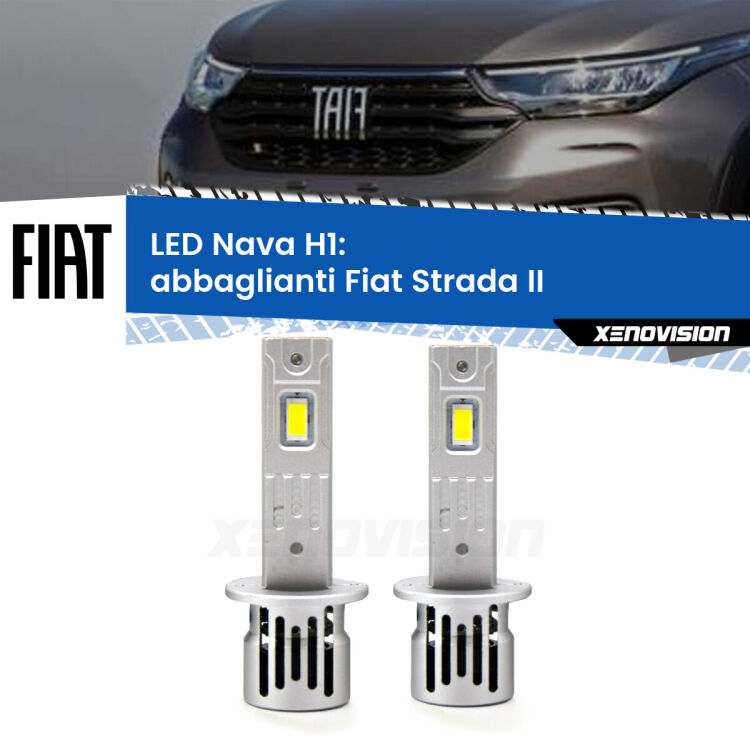 <strong>Abbaglianti LED no-spie per Fiat Strada</strong> II 1º restyling. Coppia lampade <strong> H1</strong> modello Nava canbus, raffreddate a ventola.