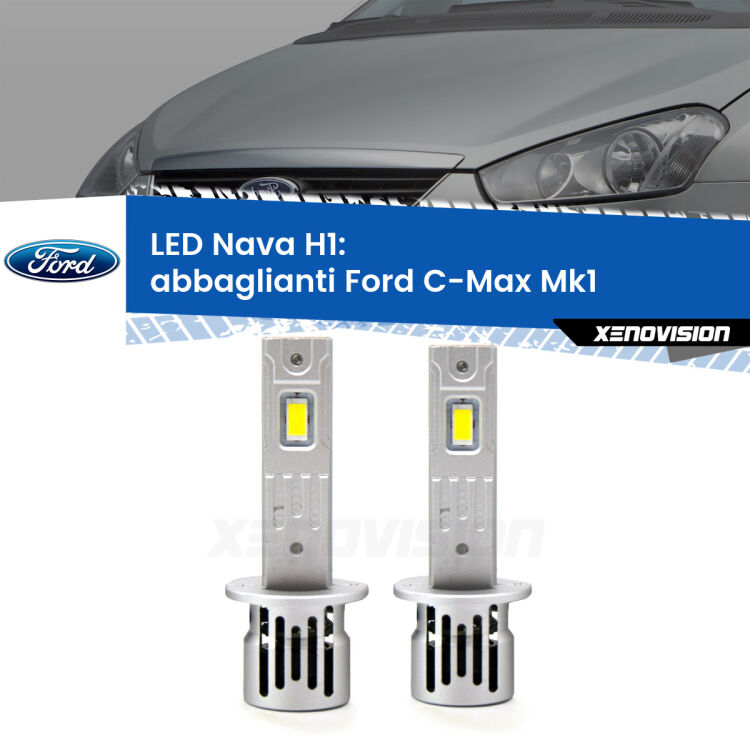 <strong>Abbaglianti LED no-spie per Ford C-Max</strong> Mk1 2003 -2010. Coppia lampade <strong> H1</strong> modello Nava canbus, raffreddate a ventola.