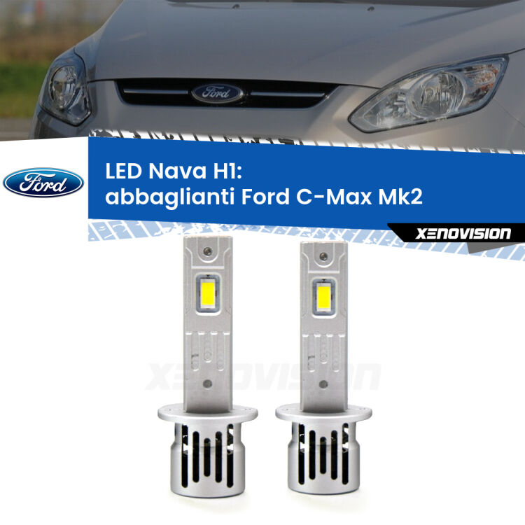 <strong>Abbaglianti LED no-spie per Ford C-Max</strong> Mk2 2011 -2019. Coppia lampade <strong> H1</strong> modello Nava canbus, raffreddate a ventola.