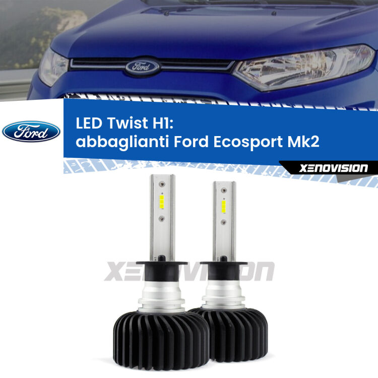 <strong>Kit abbaglianti LED</strong> H1 per <strong>Ford Ecosport</strong> Mk2 2018 -2016. Compatte, impermeabili, senza ventola: praticamente indistruttibili. Top Quality.