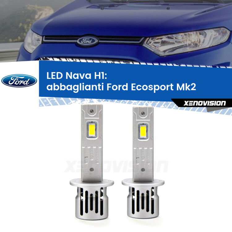 <strong>Abbaglianti LED no-spie per Ford Ecosport</strong> Mk2 2018 -2016. Coppia lampade <strong> H1</strong> modello Nava canbus, raffreddate a ventola.