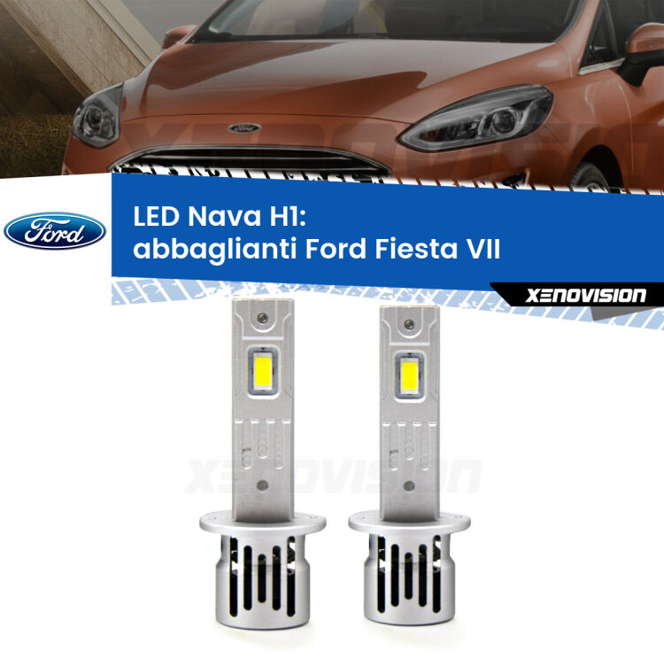 <strong>Abbaglianti LED no-spie per Ford Fiesta VII</strong>  restyling. Coppia lampade <strong> H1</strong> modello Nava canbus, raffreddate a ventola.