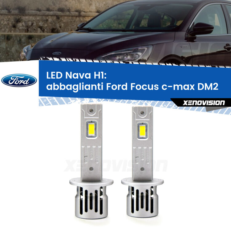 <strong>Abbaglianti LED no-spie per Ford Focus c-max</strong> DM2 2003 -2007. Coppia lampade <strong> H1</strong> modello Nava canbus, raffreddate a ventola.