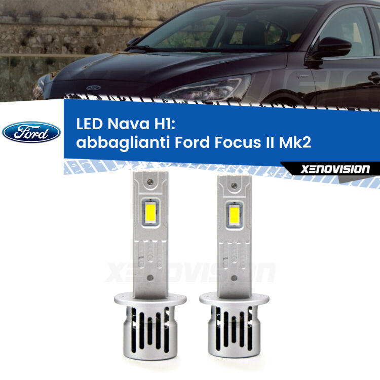 <strong>Abbaglianti LED no-spie per Ford Focus II</strong> Mk2 2004 -2011. Coppia lampade <strong> H1</strong> modello Nava canbus, raffreddate a ventola.