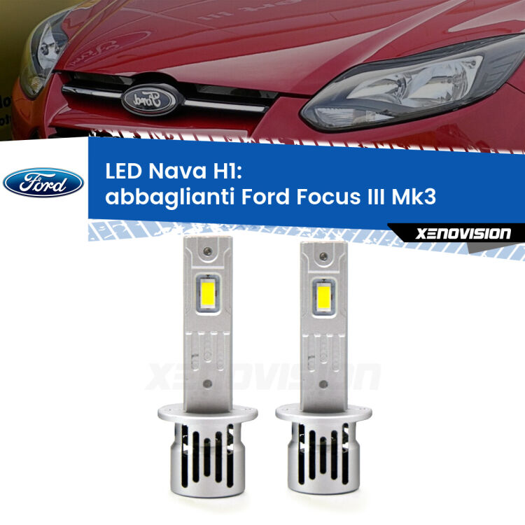 <strong>Abbaglianti LED no-spie per Ford Focus III</strong> Mk3 senza luci diurne. Coppia lampade <strong> H1</strong> modello Nava canbus, raffreddate a ventola.