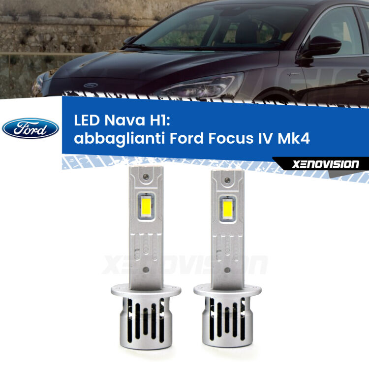 <strong>Abbaglianti LED no-spie per Ford Focus IV</strong> Mk4 2018 in poi. Coppia lampade <strong> H1</strong> modello Nava canbus, raffreddate a ventola.