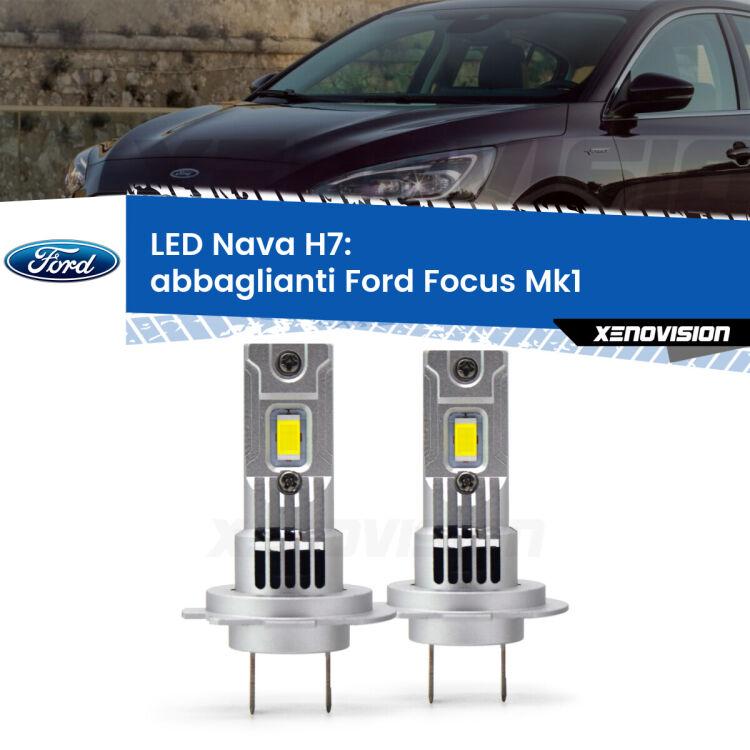 <strong>Abbaglianti LED no-spie per Ford Focus</strong> Mk1 con fari Xenon. Coppia lampade <strong>H7</strong> modello Nava canbus, raffreddate a ventola.